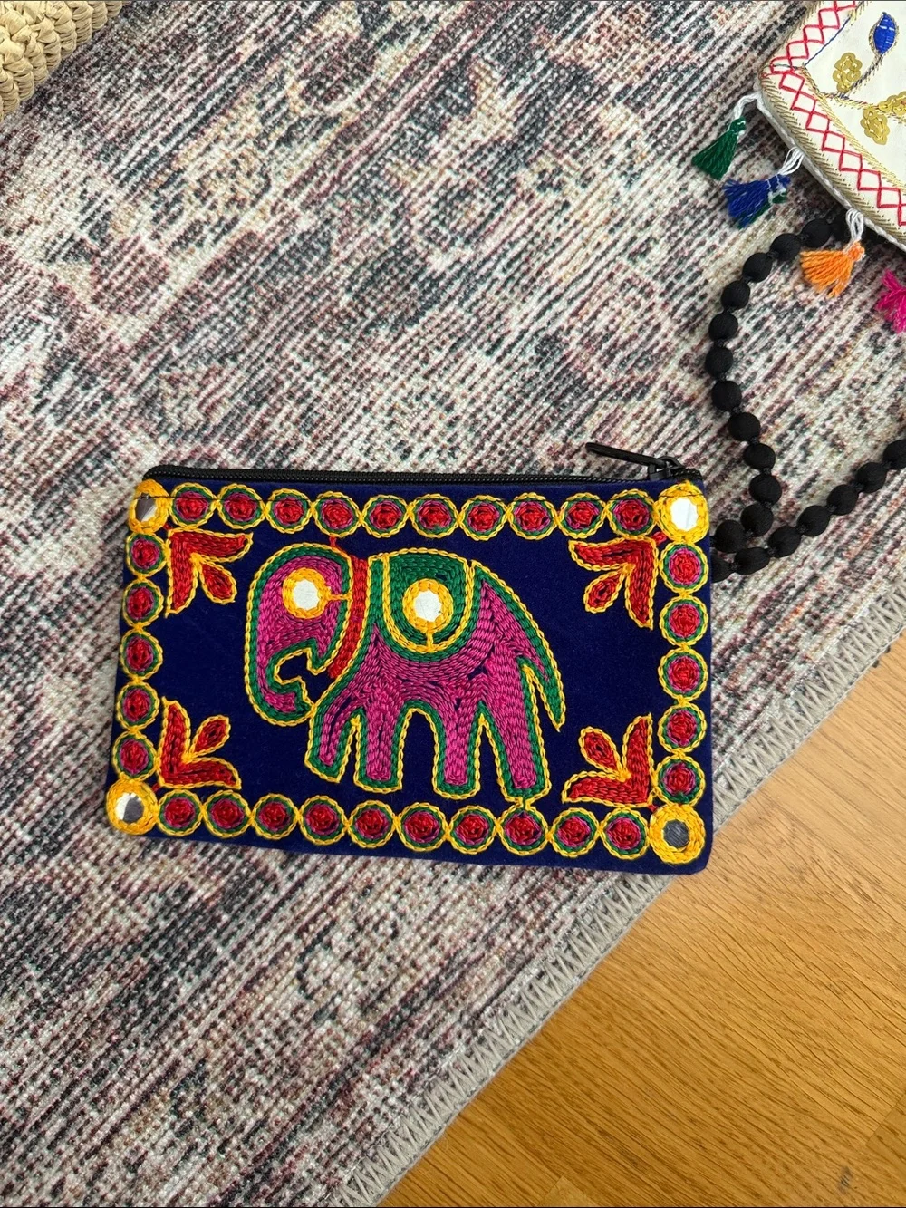 Embroidered Elephant Zip Wallet - Navy and Pink